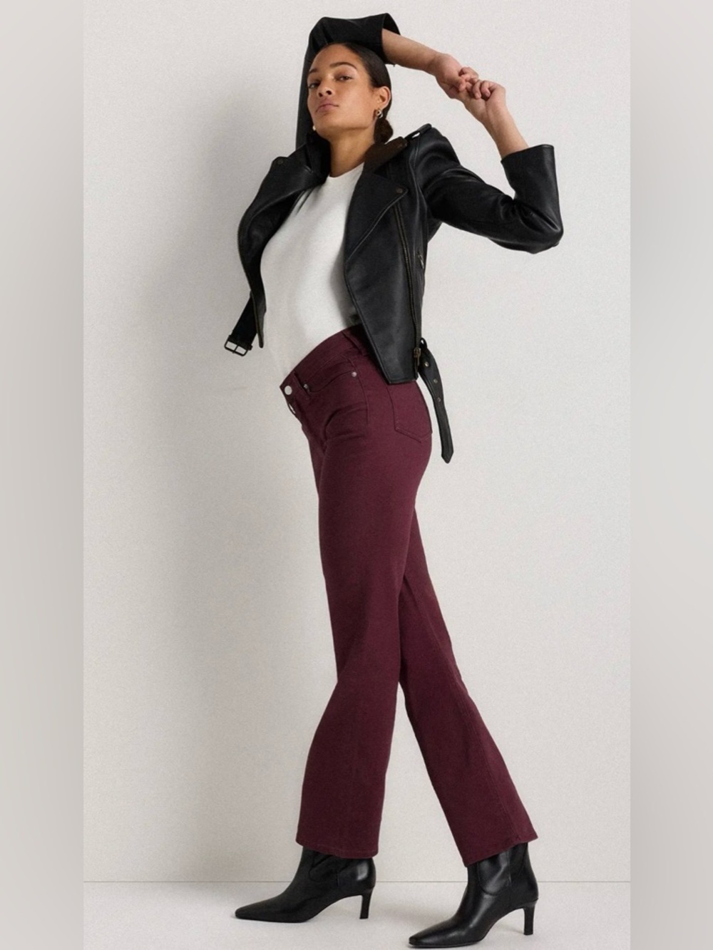 Quince Bella Stretch Straight Jeans Wine Red High Rise Size 26 30” Inseam - Picture 3 of 12